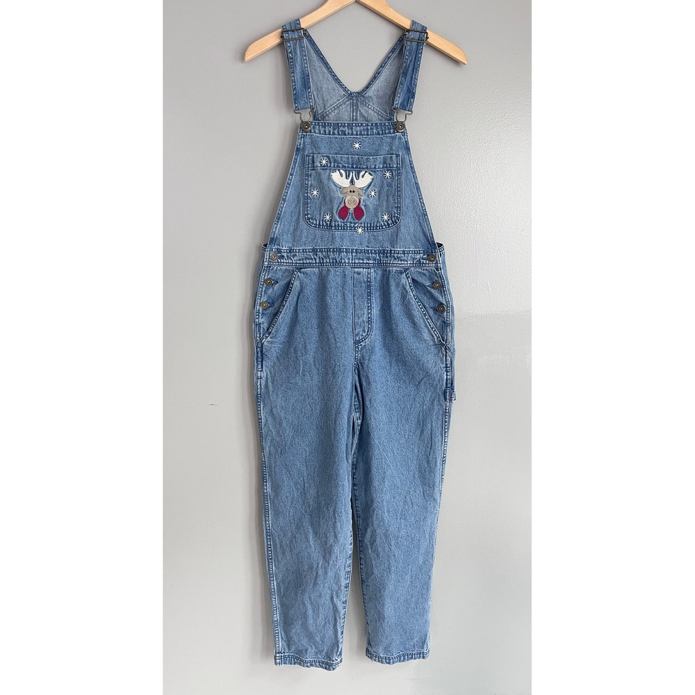 Christopher Banks Overalls Womens Small Blue Denim Moose Christmas Vintage 90s